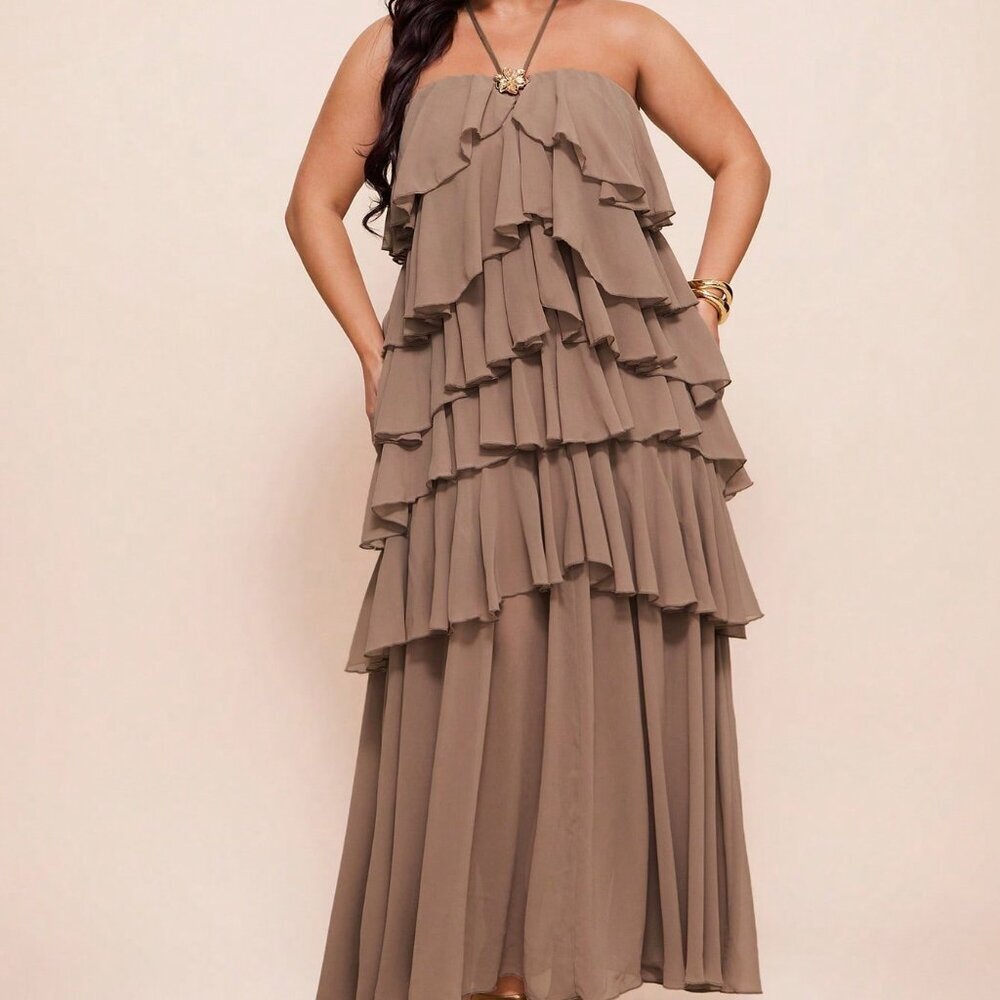 Coffee Brown Casual Women's Plus Size Color Multi-Layer Halter Dress - Picture 5 of 7
